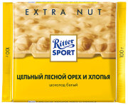 !!! Ритер Спорт Extra nut Цельный лесной орех - хлопья Белый шоколад  100гр*10 /1008/жёлтый